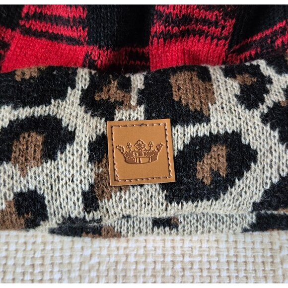 Panache Ladies Beanie One Size Animal Print Faux Fur Pom Red Buffalo Plaid Knit - Picture 2 of 9